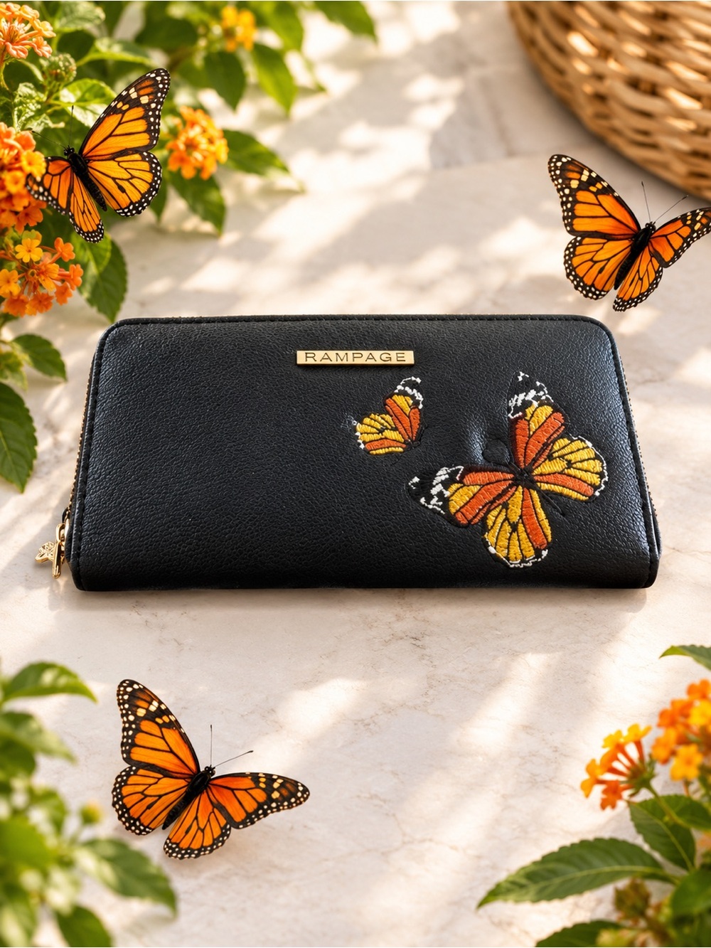 Rampage Monarch Butterfly Embroidered Wallet NWT Black Vegan Leather